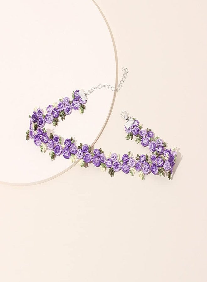 GUAFEIH Women Boho Flower Embroidered Lace Choker Necklace (Purple) - Image 3